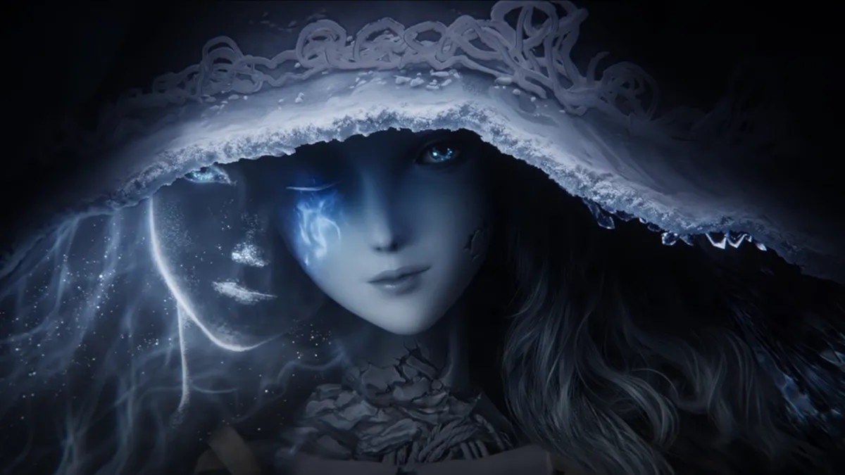 Elden Ring's Ranni peering out from under a broad-brimmed hat, with a ghostly face appearing on her right side