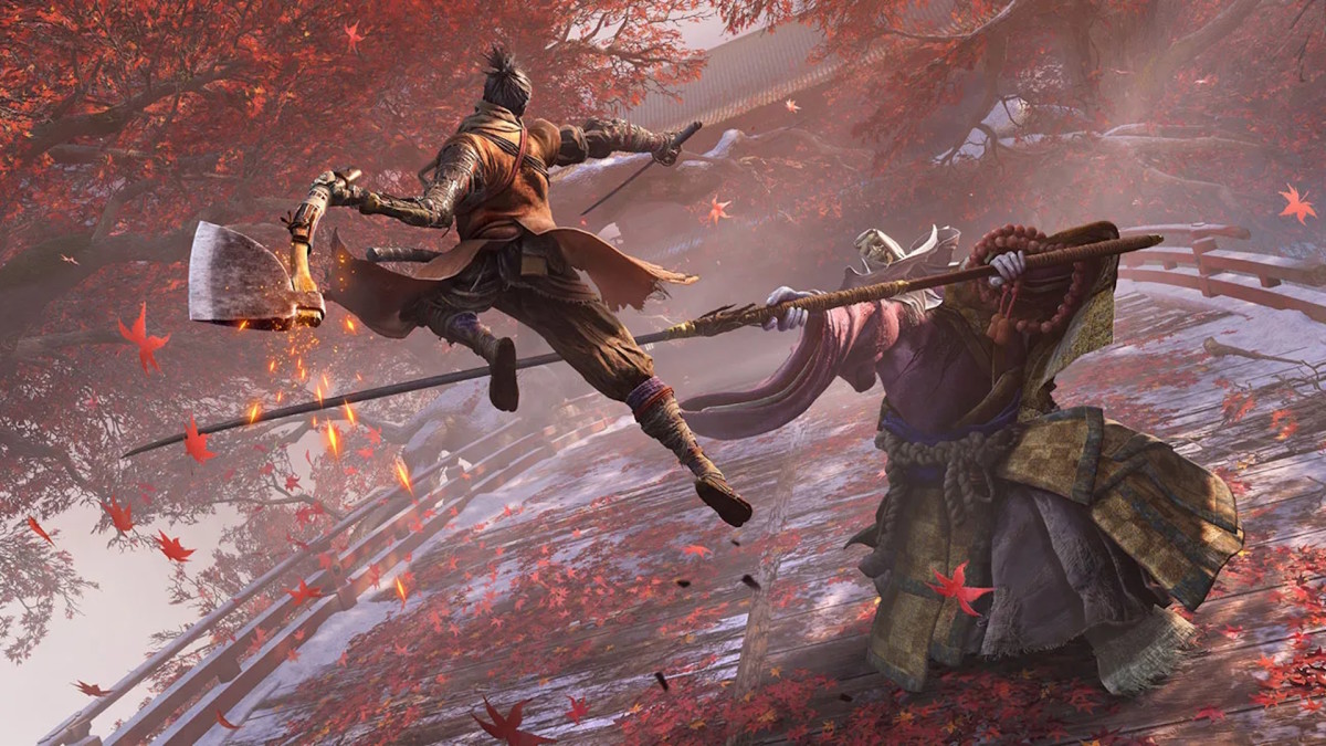 Sekiro's protagonist leaps through the air with a hatchet, taking aim at a large figure in green robes