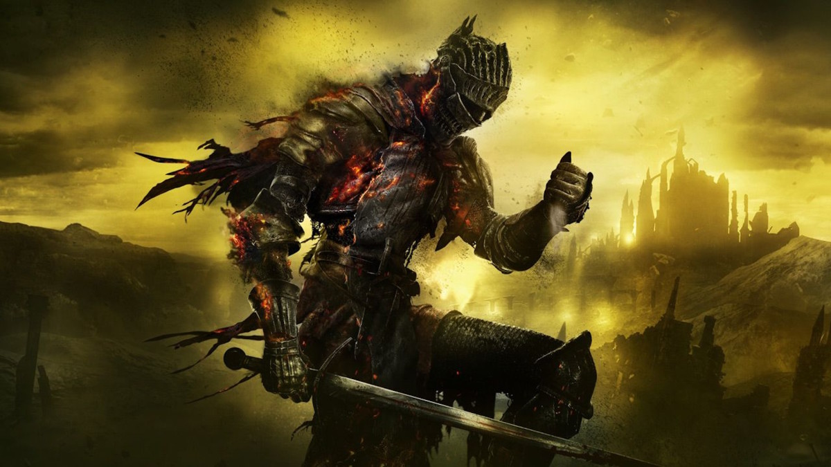 Dark Souls 3's player character in burning metal armor, depicted against a sickly yellow backdrop with a castle in the distance