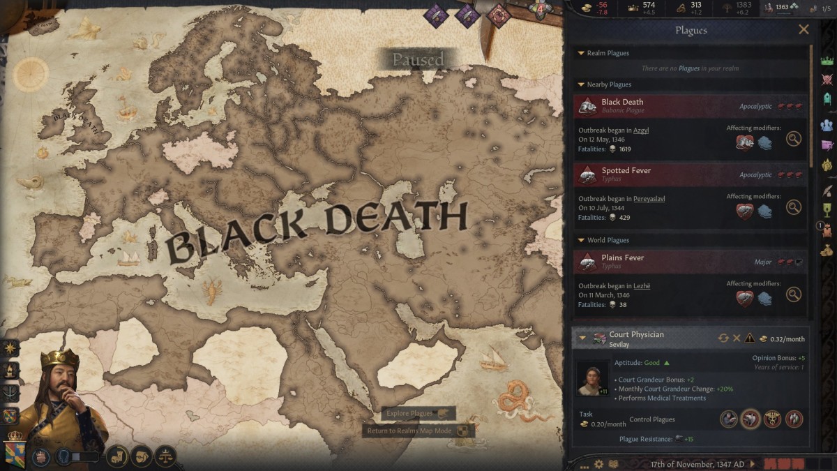 Crusader Kings 3: Legends of the Dead screenshot showing the spread of the Black Death in Europe.