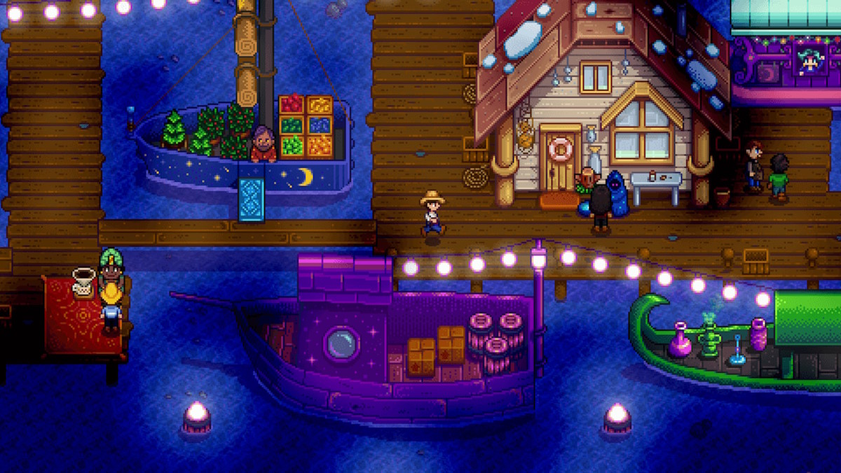 A Stardew Valley farmer walking along a pier at night, as boats sail past with lights strung up between them