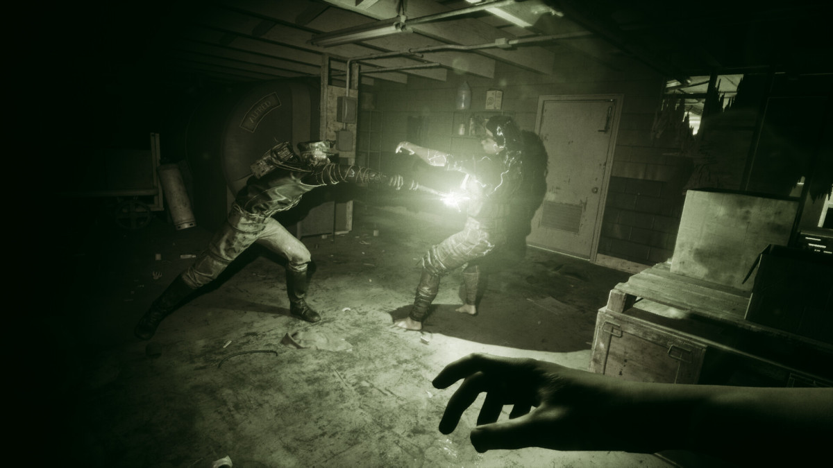 An Outlast Trials character uses a taser on an enemy