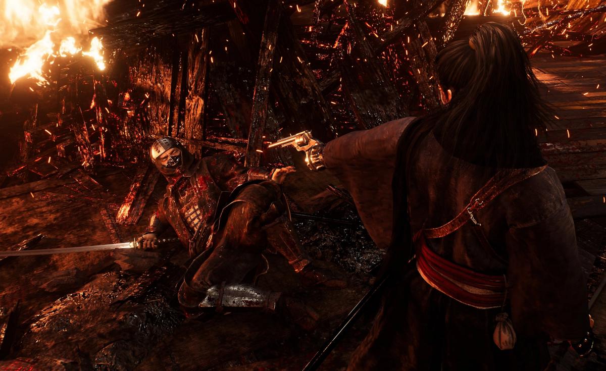 Rise of the Ronin screenshot showing a samurai pointing a revolver at another samurai on the ground.