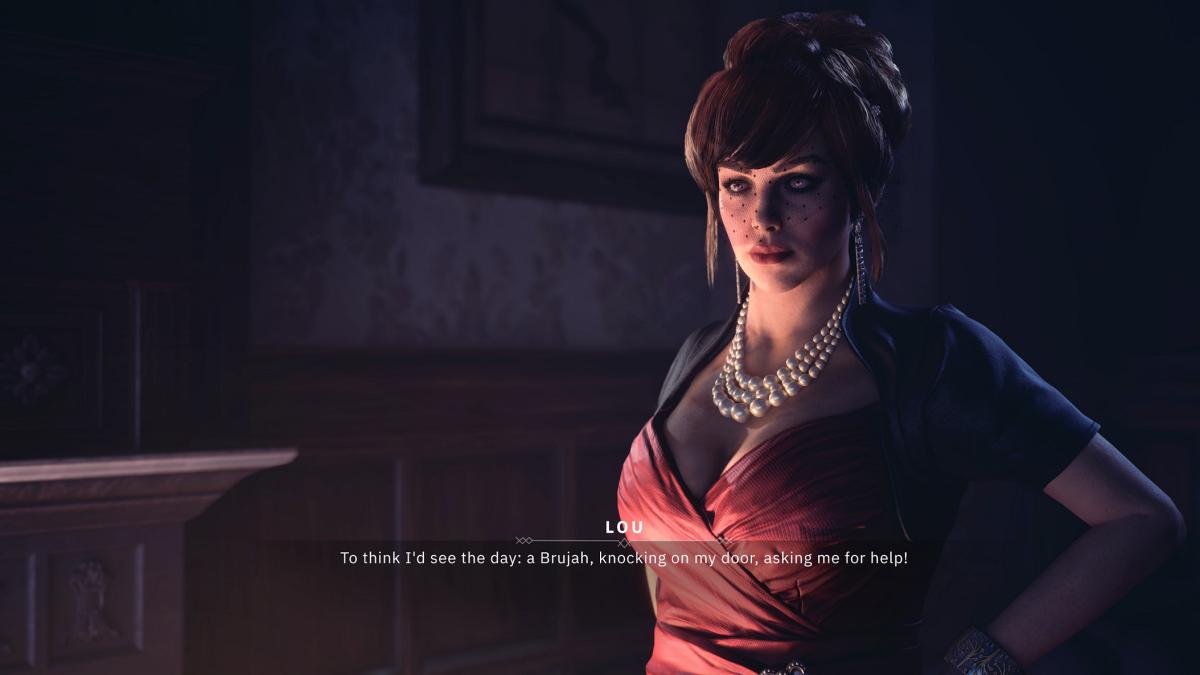 Vampire: The Masquerade - Bloodlines 2 screenshot of a dialog with a woman wearing a red dress and a pearl necklace.