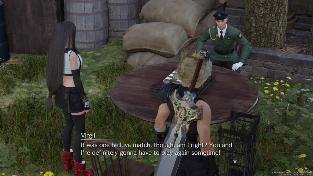Final Fantasy 7 Rebirth's Tifa and Cloud speaking with Virgil about a lost Queen's Blood card