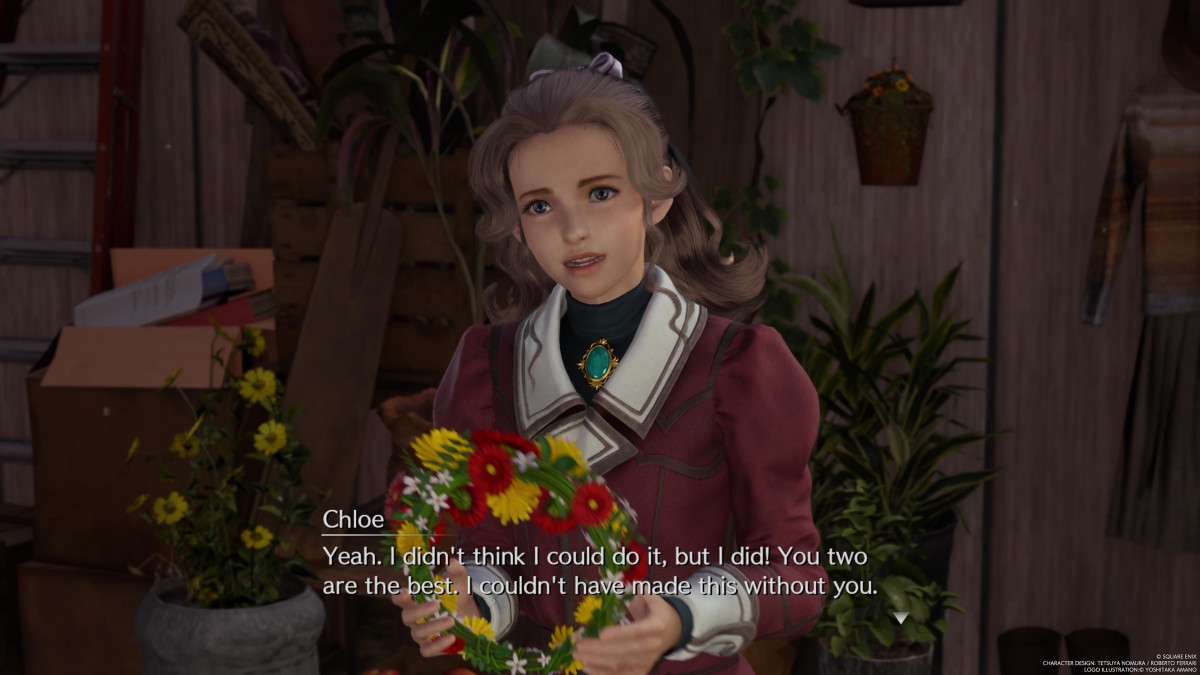 FF7 Rebirth's Chloe, holding a flower crown and standing behind the counter of her chocobo ranch store