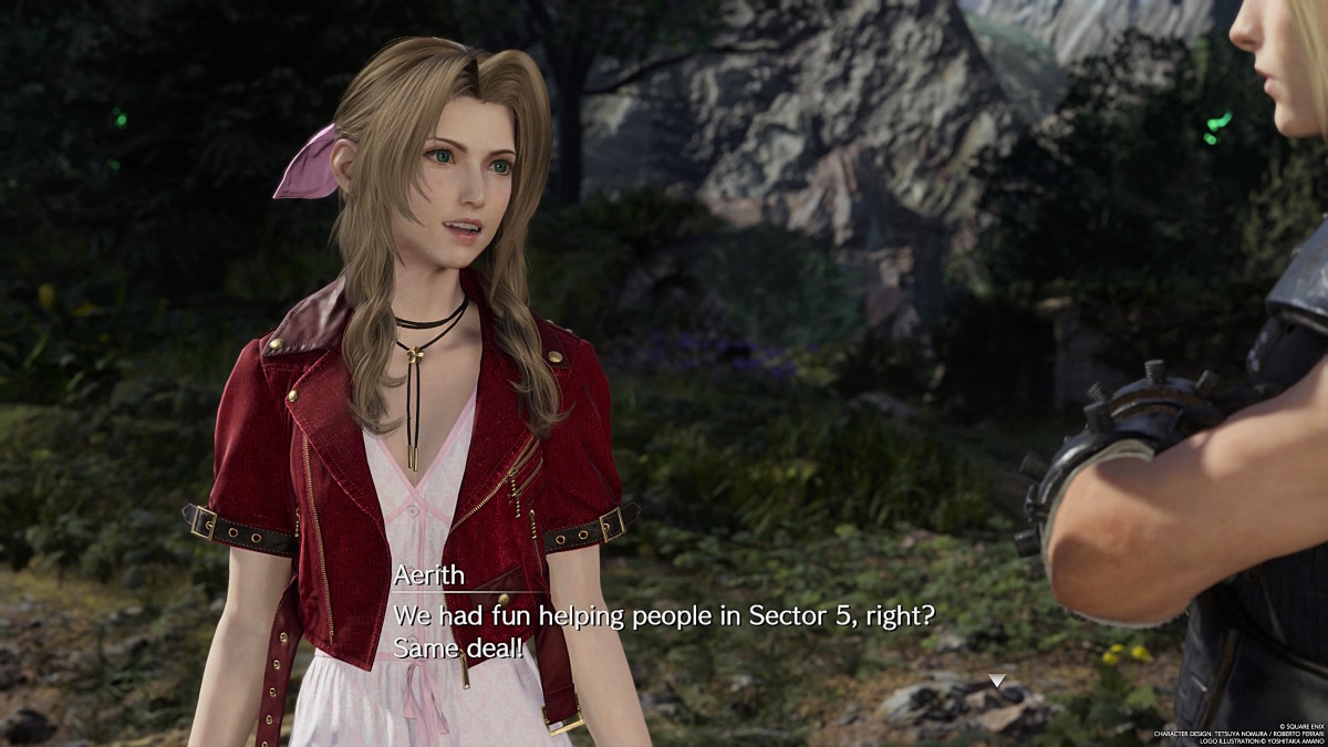 Final Fantasy 7 Rebirth's Aerith, standing in a grassy field and speaking to Cloud about helping people in need