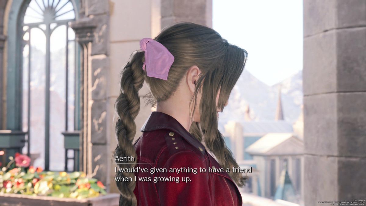 Final Fantasy 7 Rebirth's Aerith, facing away from the camera and looking over the sunlit rooftops of Kalm