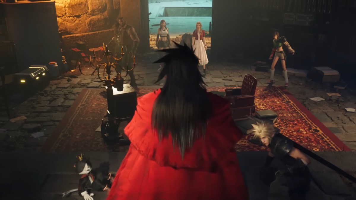 FF7 Rebirth's Vincent Valentine shown from behind, with Cloud, Yuffie, Barret, Aerith, and Tifa standing in front of his coffin