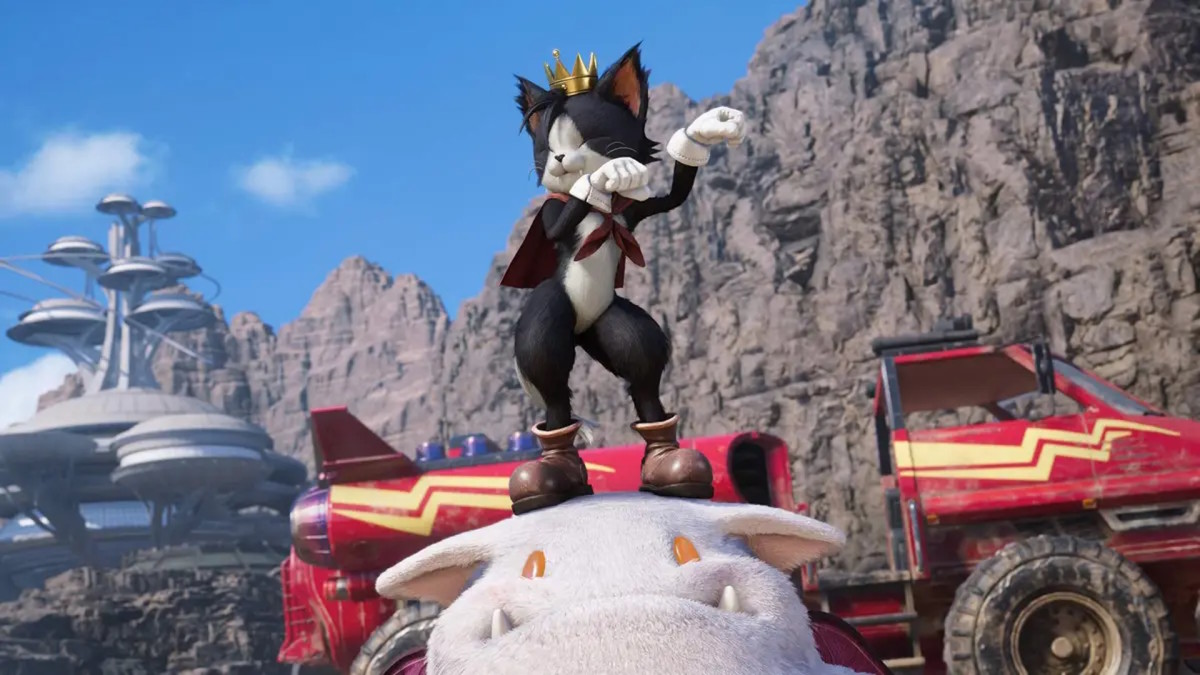 FF7 Rebirth's Cait Sith, standing on top of his animatronic moogle