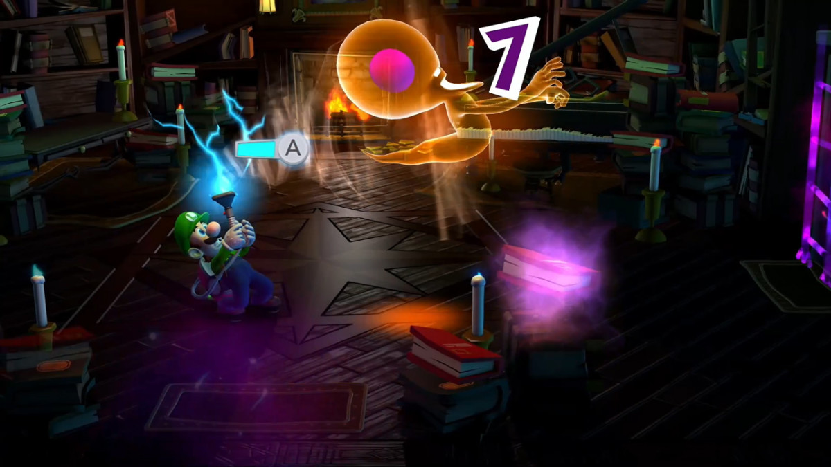 A screenshot of Luigi's Mansion 2 HD with Luigi catching a ghost