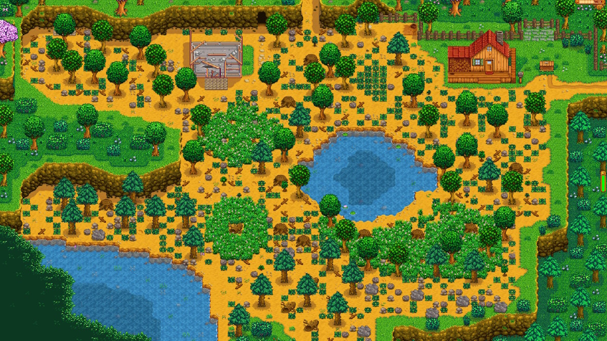 Stardew Valley's Wilderness Farm in its starting state, with a large pond in the middle