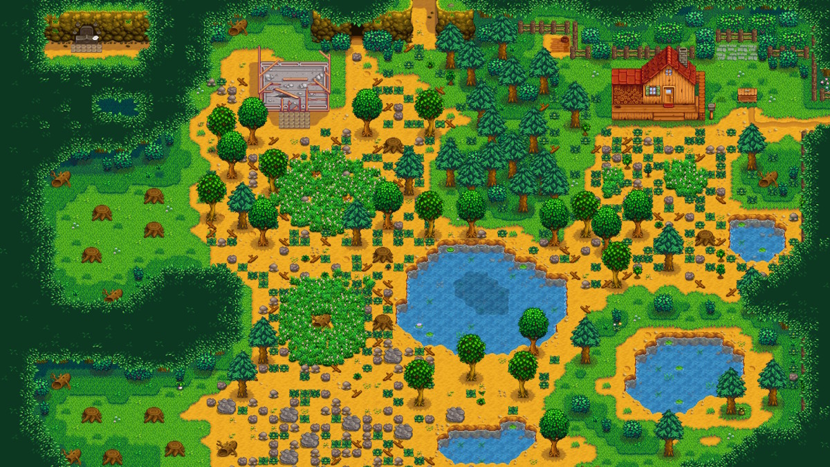 Stardew Valleys Forest Farm in its starting state, with trees and un-farmable tiles covering most of the map