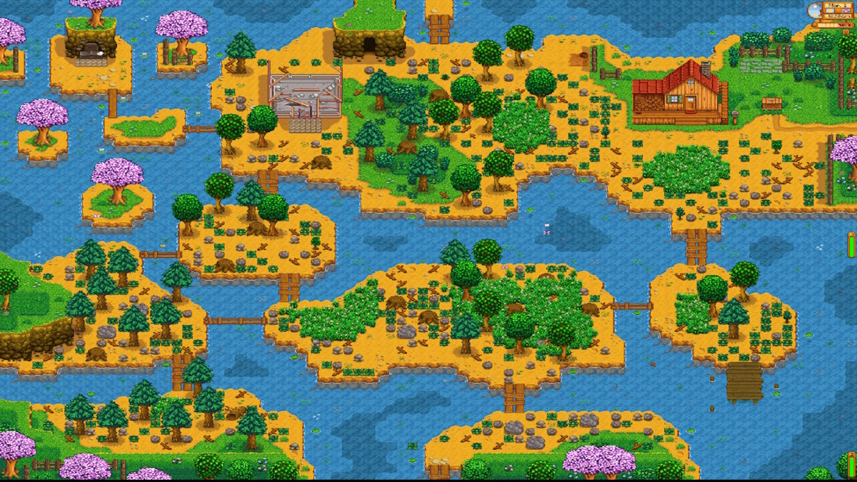 Stardew Valley's Riverland Farm in its starting form, with small islands of land with little room for crops