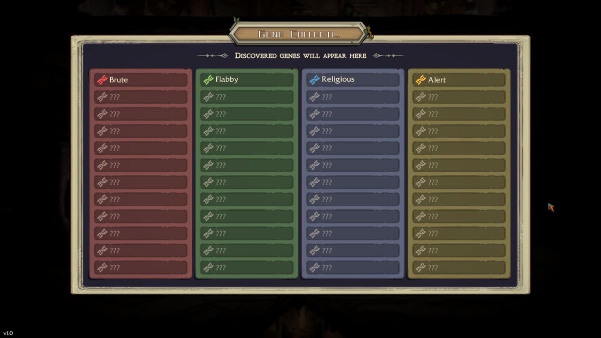 Goblin Stone screenshot showing a table with genetic traits.