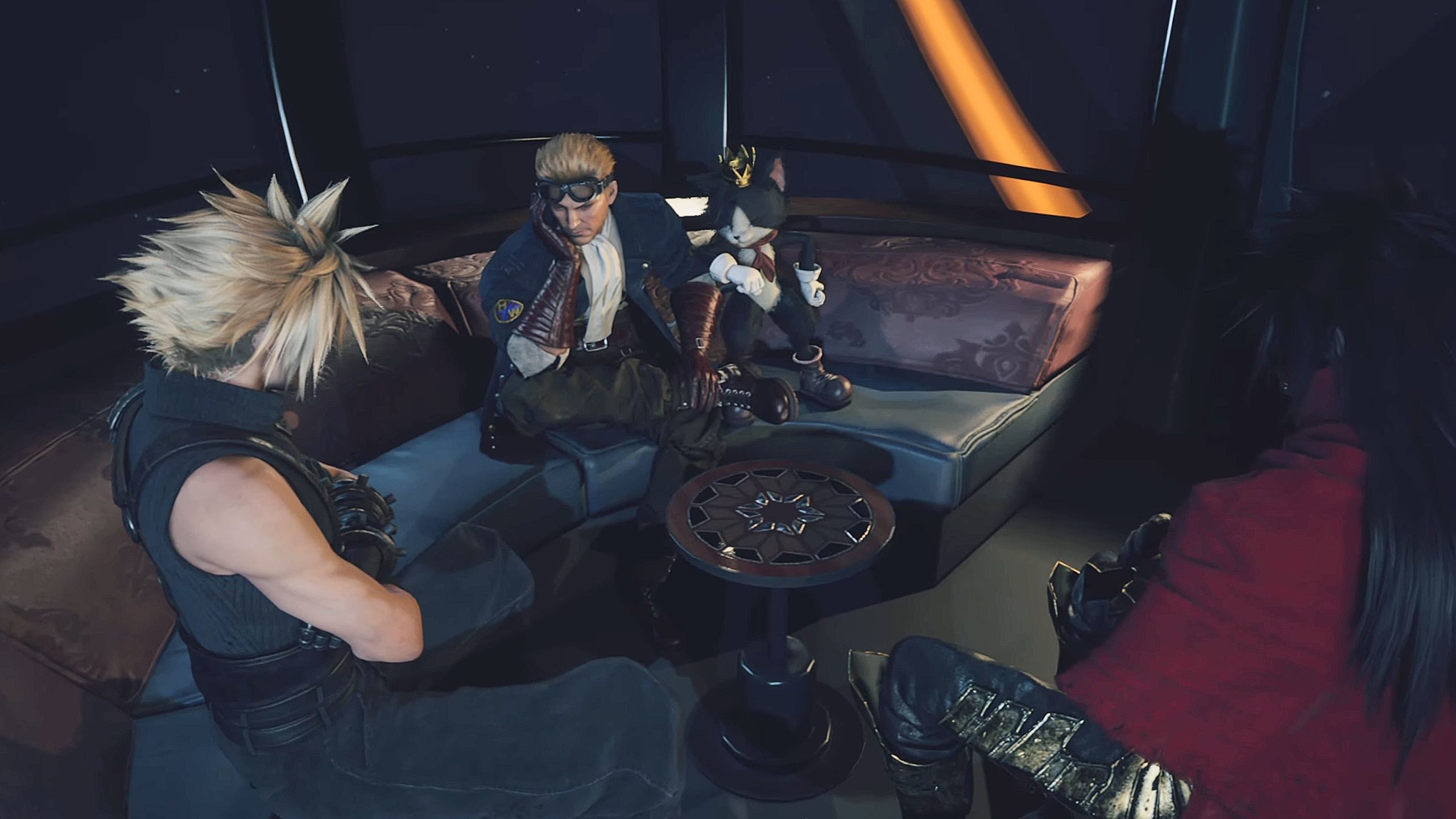 FF7 Rebirth's Cid, Vincent, and Cait Sith sitting quietly and dejectedly in the Gold Saucer's Ferris wheel car