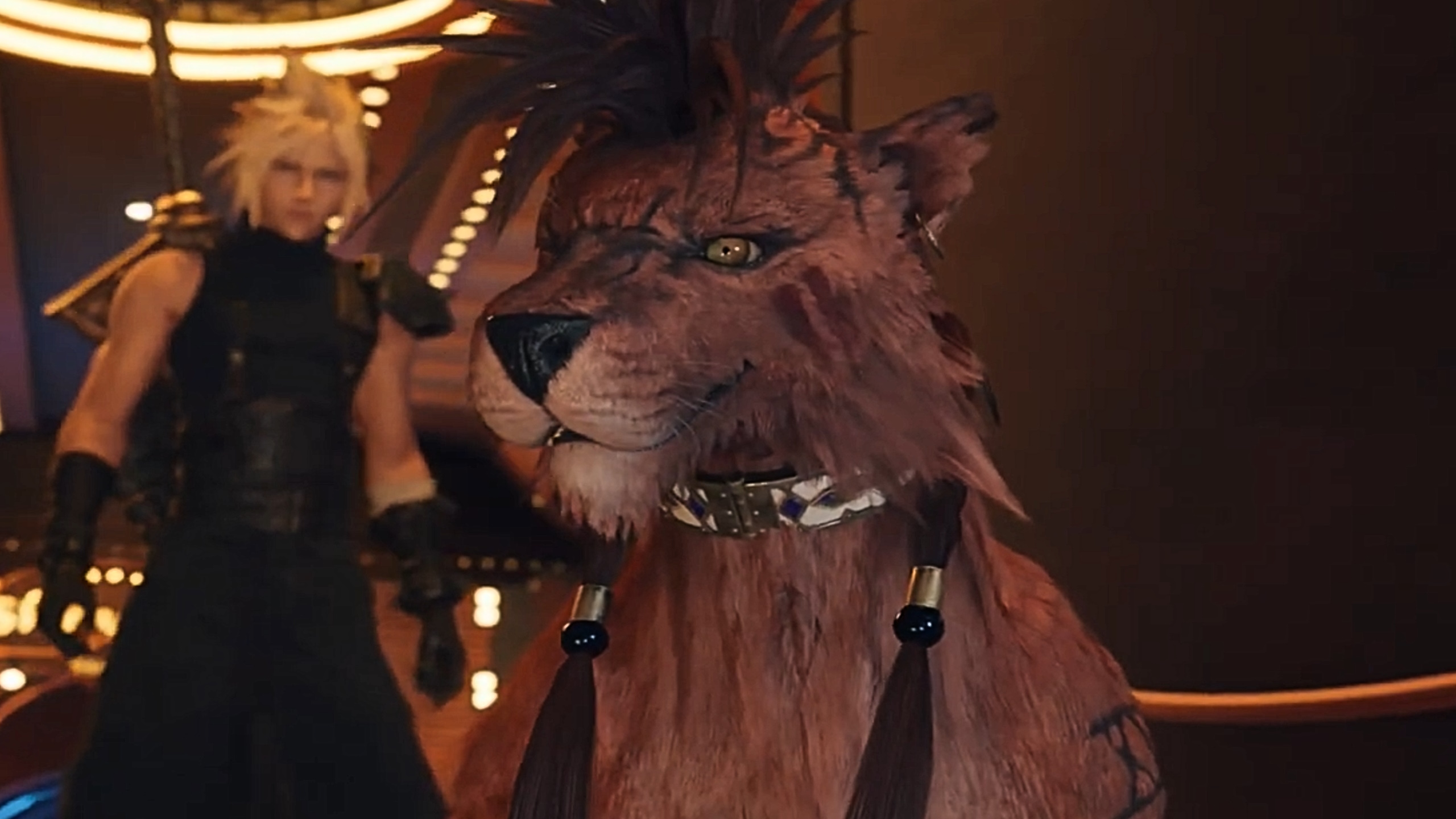 Final Fantasy 7 Rebirth's Red XIII with perked-up ears and bright eyes, looking at the Gold Saucer's Ferris wheel