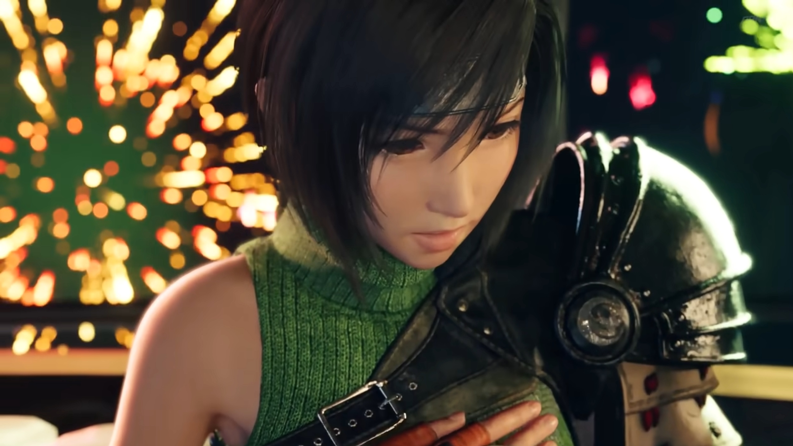 FF7 Rebirth's Yuffie, holding her left hand to her chest. Behind her, fireworks explode over the Gold Saucer