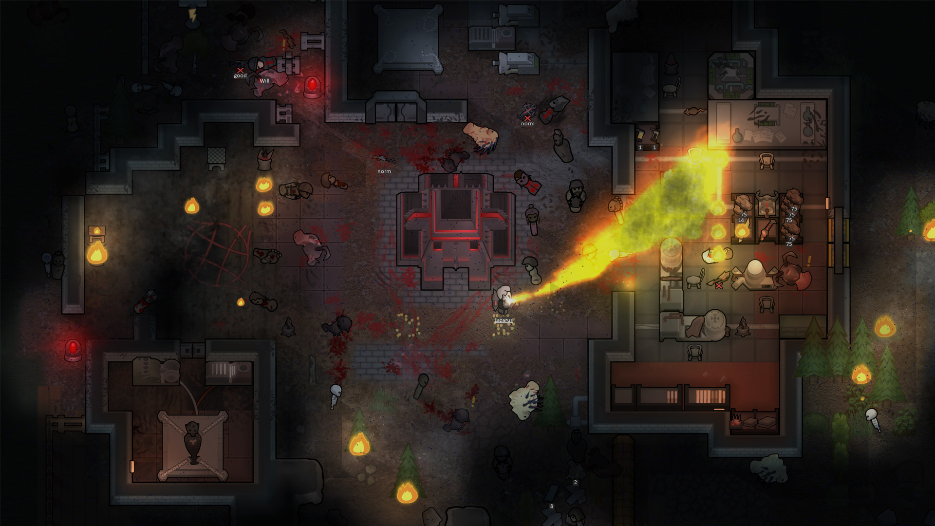 RimWorld Anomaly DLC screenshot of a pawn using a flamethrower.
