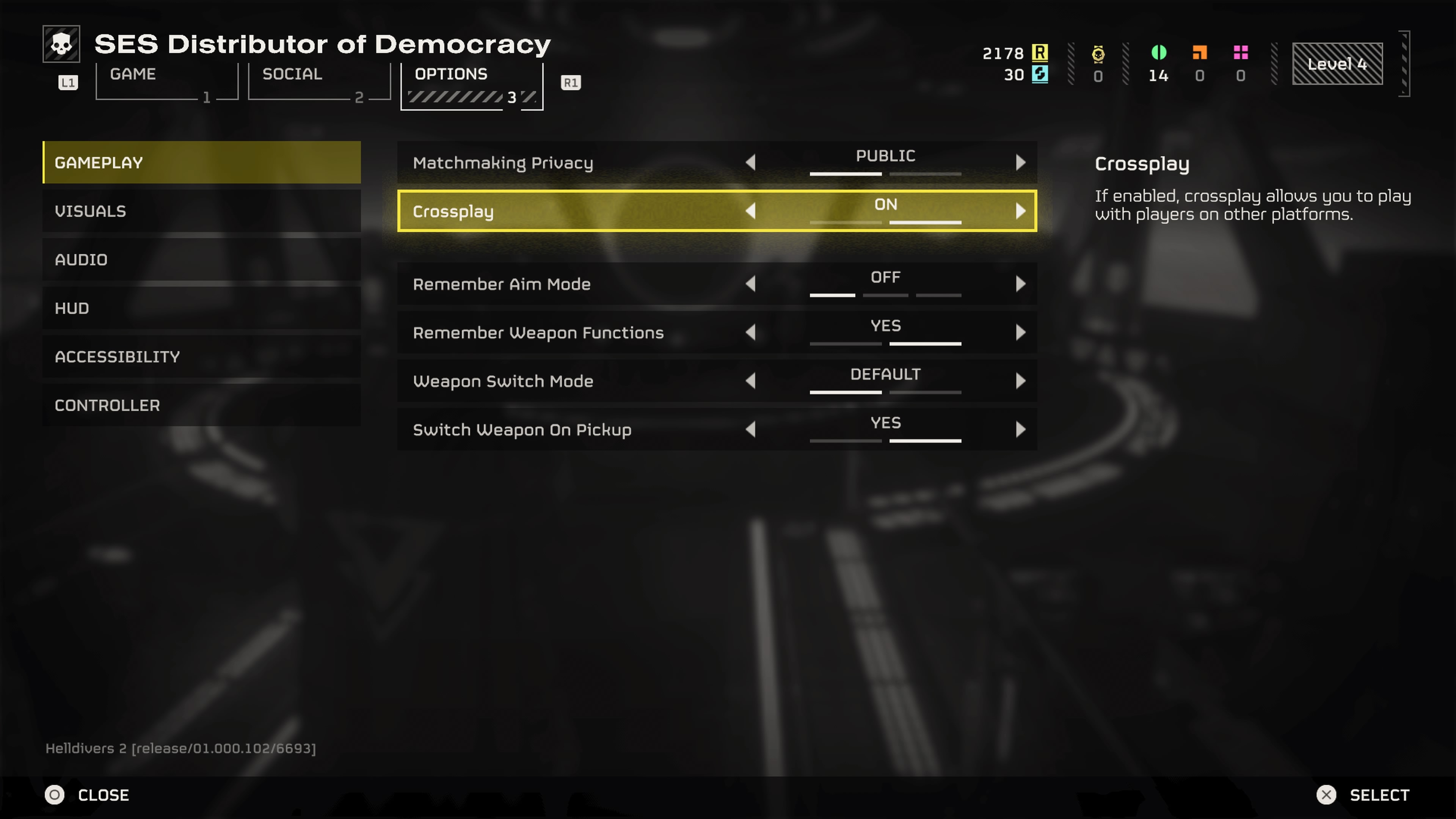 Helldivers 2 Options menu with the Crossplay option highlighted and set to "On".