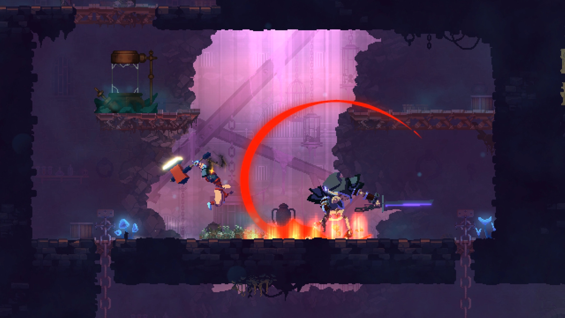 Dead Cells' protagonist swinging an axe against an undead opponent
