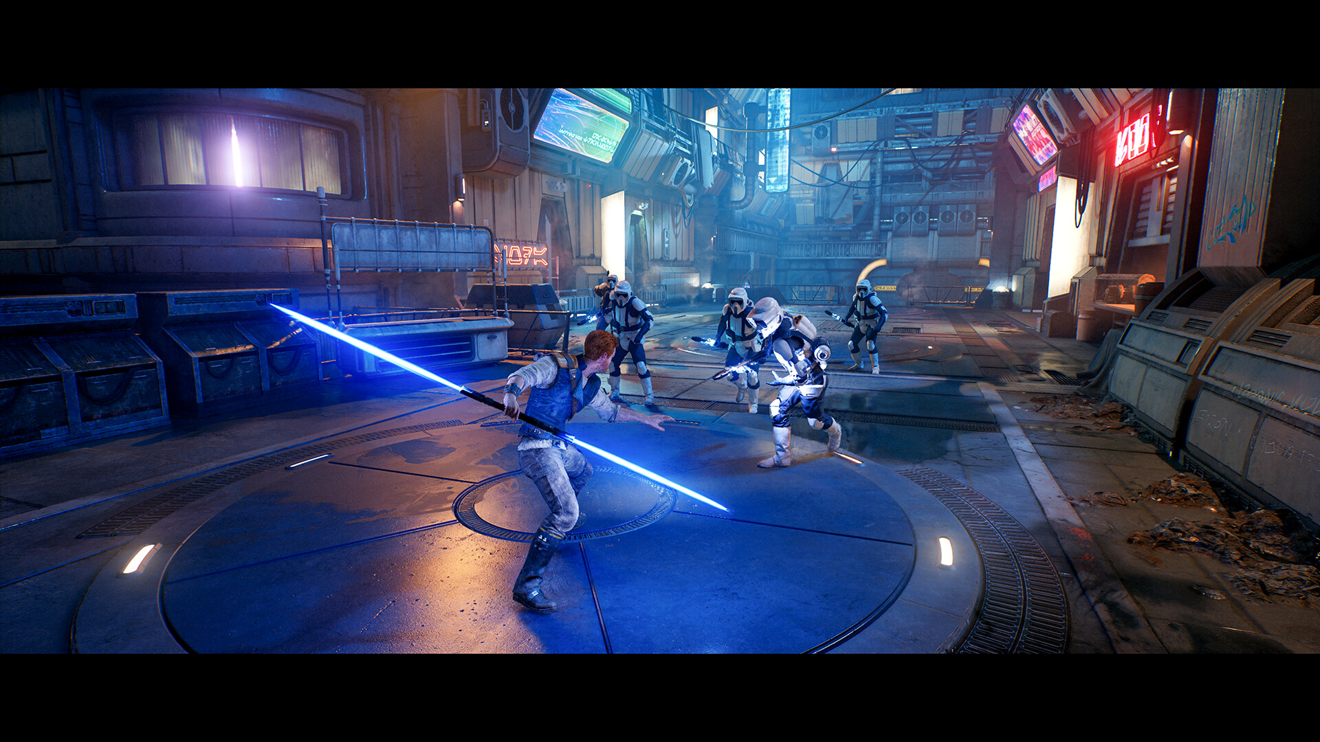 Star Wars Jedi Survivor's Cal wielding a double-balded lightsaber as several Stormtroopers approach him