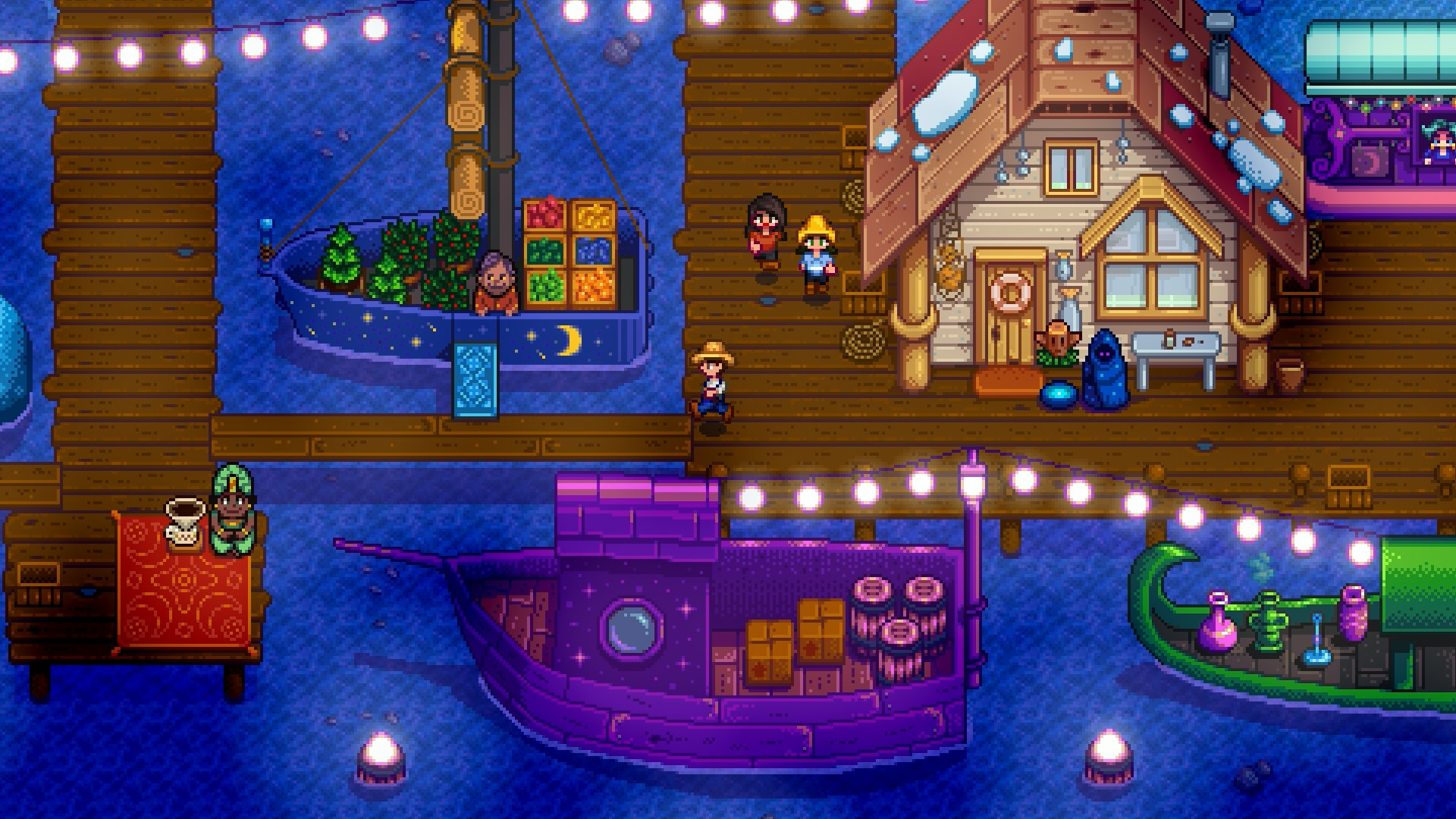 A Stardew Valley player character walking along a boardwalk lit with strands of light bulbs