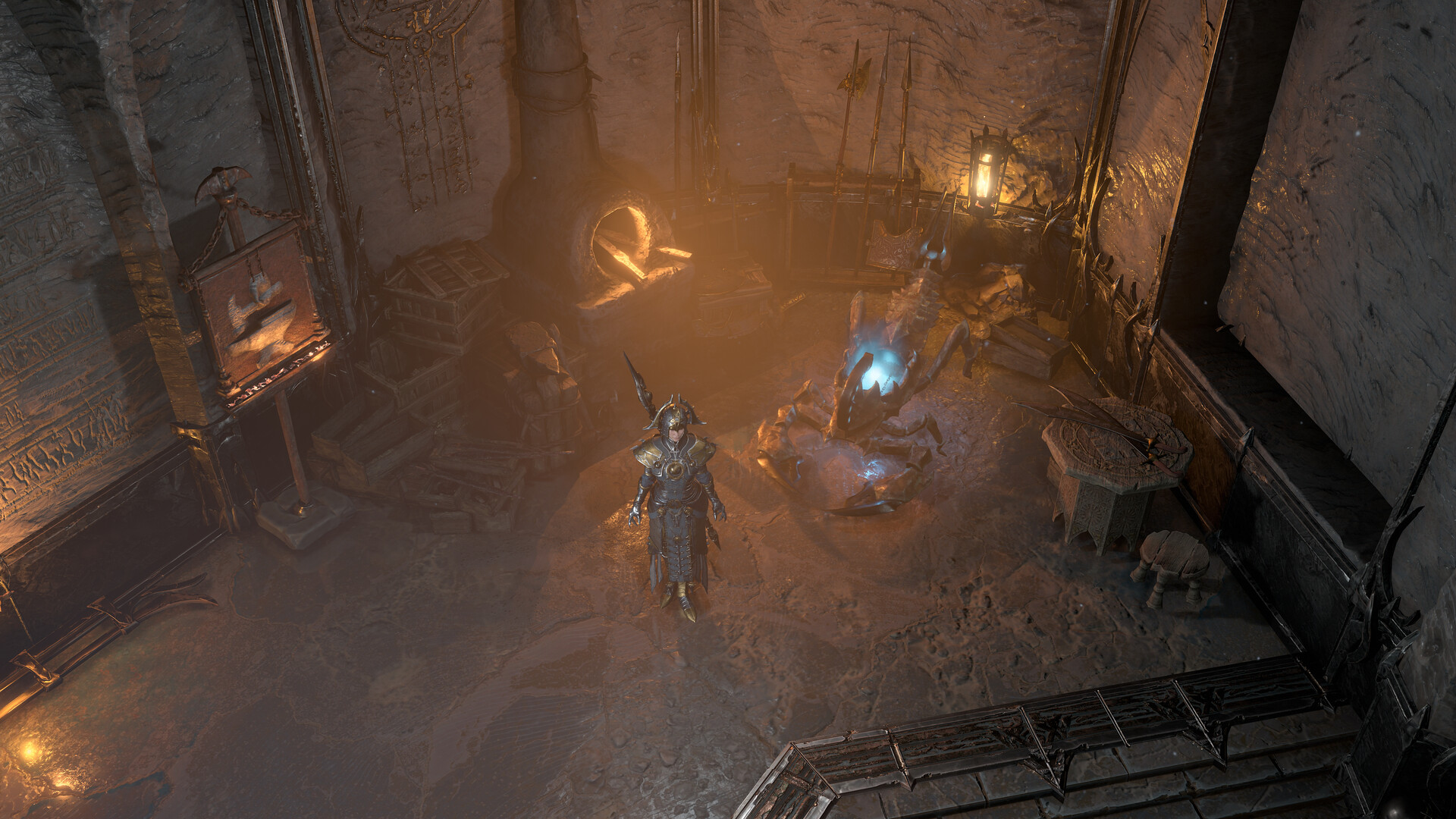 A Diablo 4 player character standing in an empty stone room dimly lit by candles