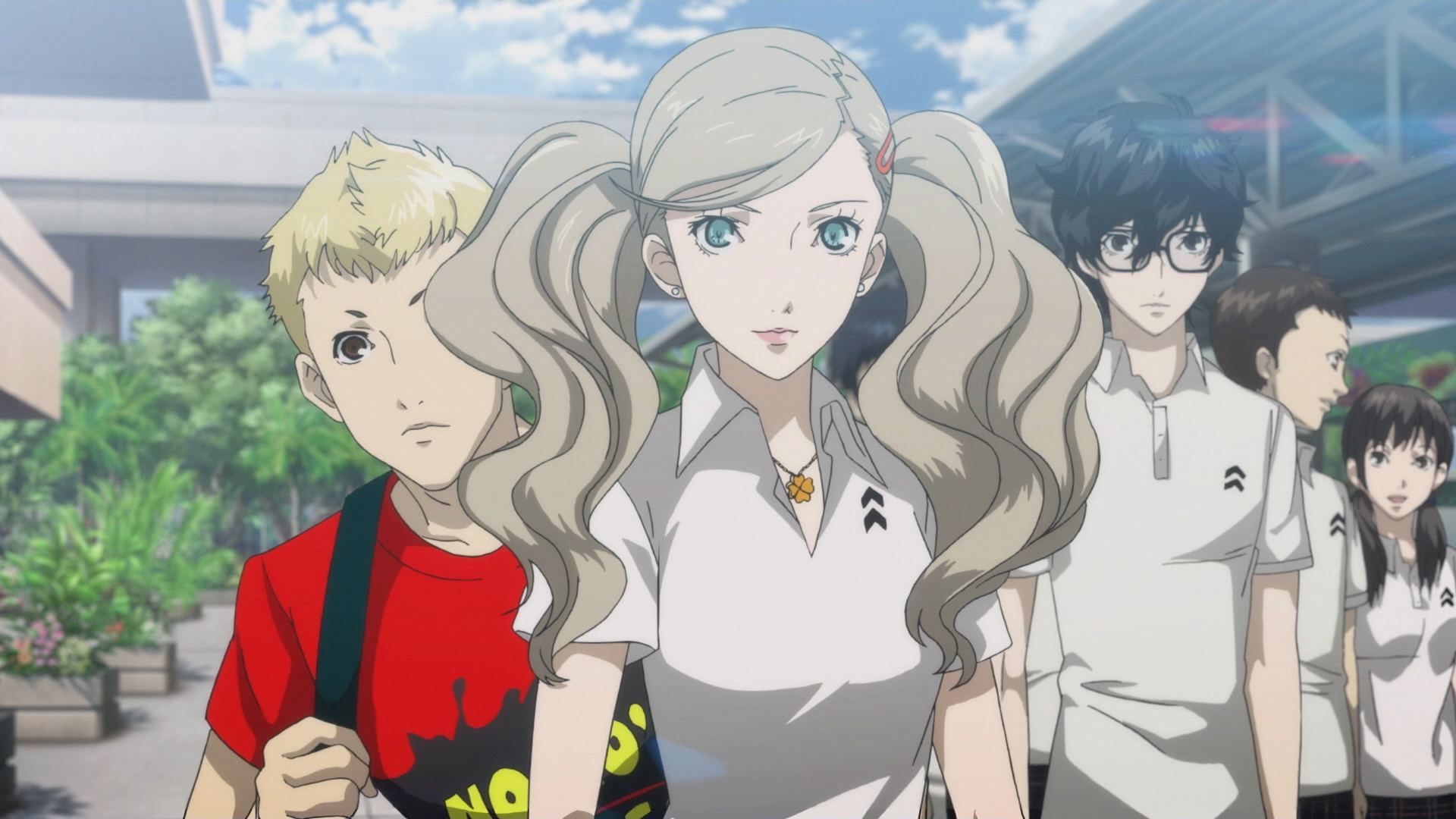Persona 5 Royal's Ann, Ryuji, and Joker in their summer outfits, walking along an empty school passageway