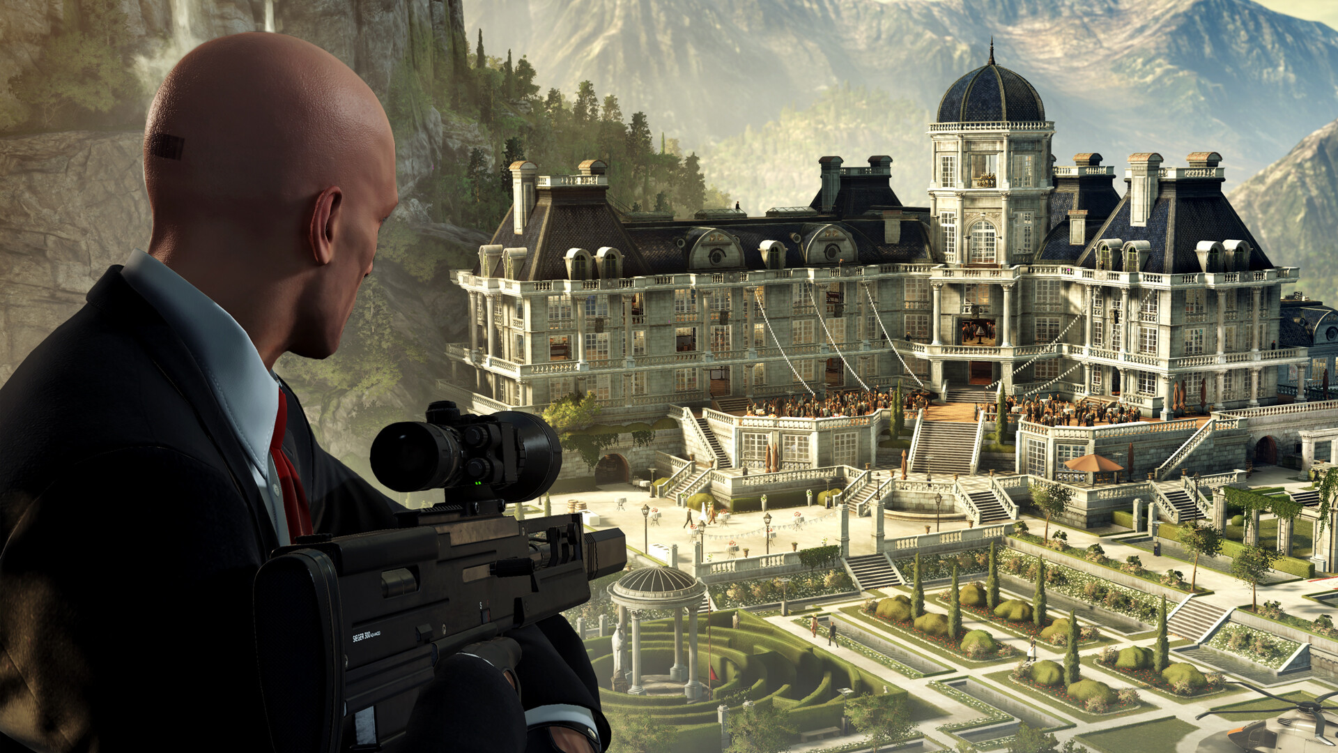 Hitman's Agent 47, overlooking a large villa and carrying a sniper rifle