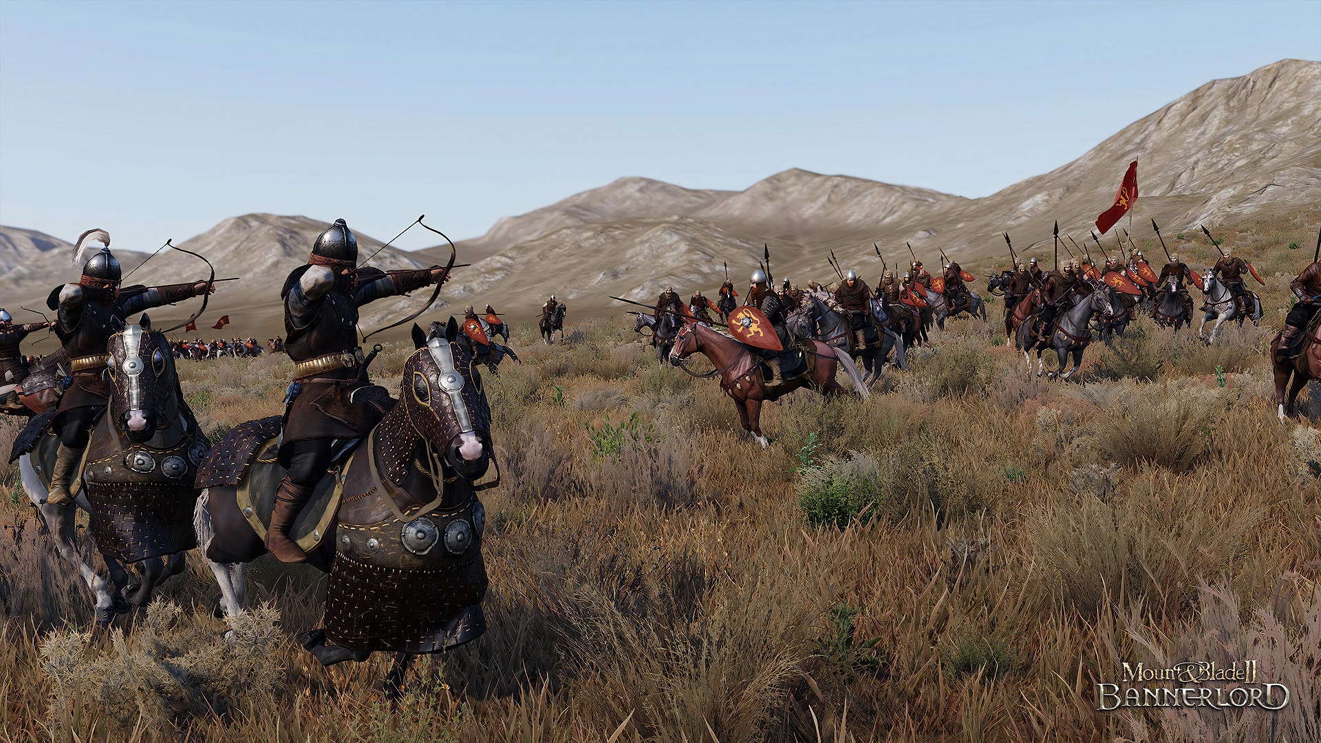 Mount & Blade 2 Bannerlord screenshot showing a battle between mounted archers and knights.