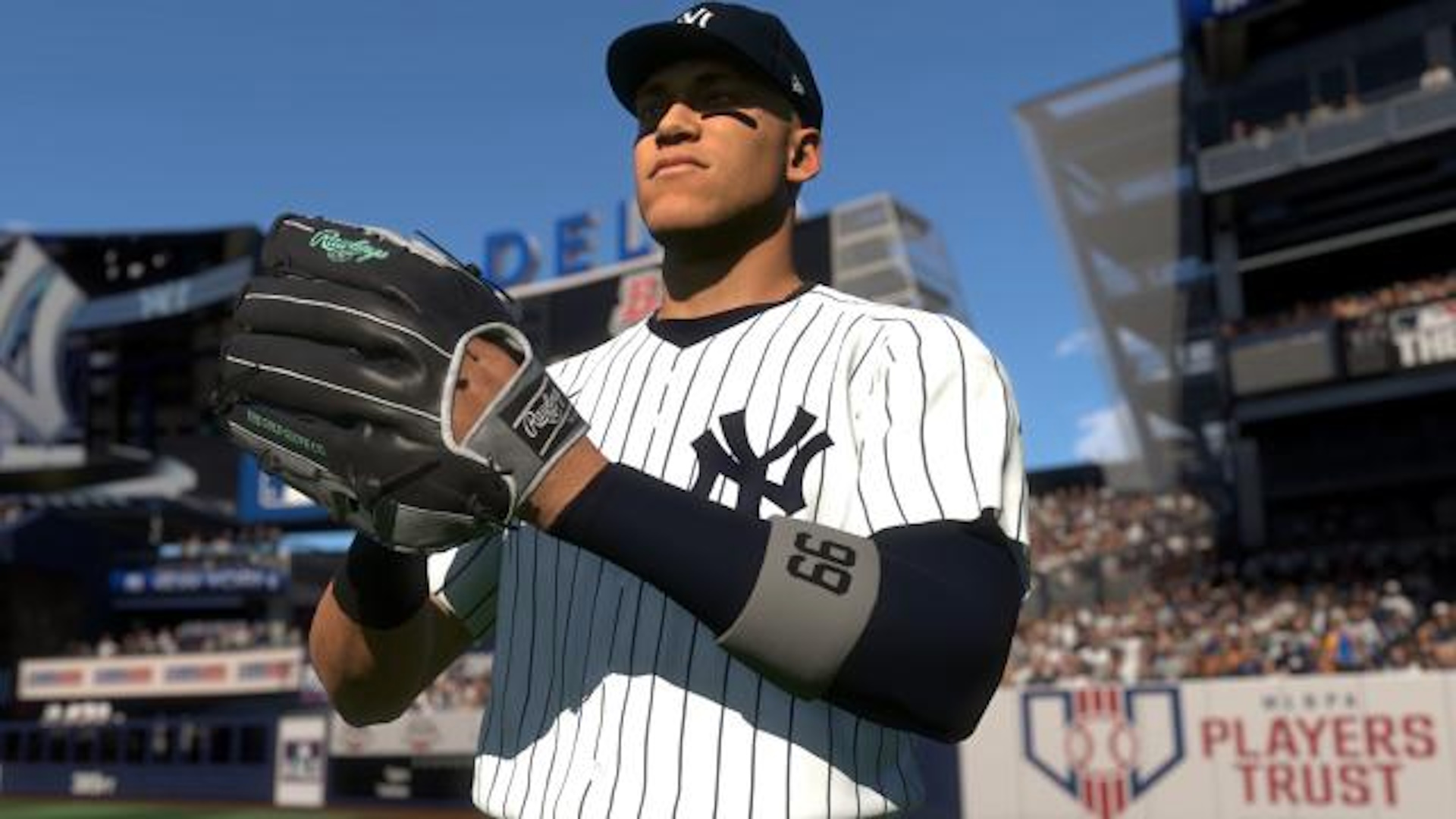 MLB The Show 24's Aaron Judge holding a ball in a catching mitt