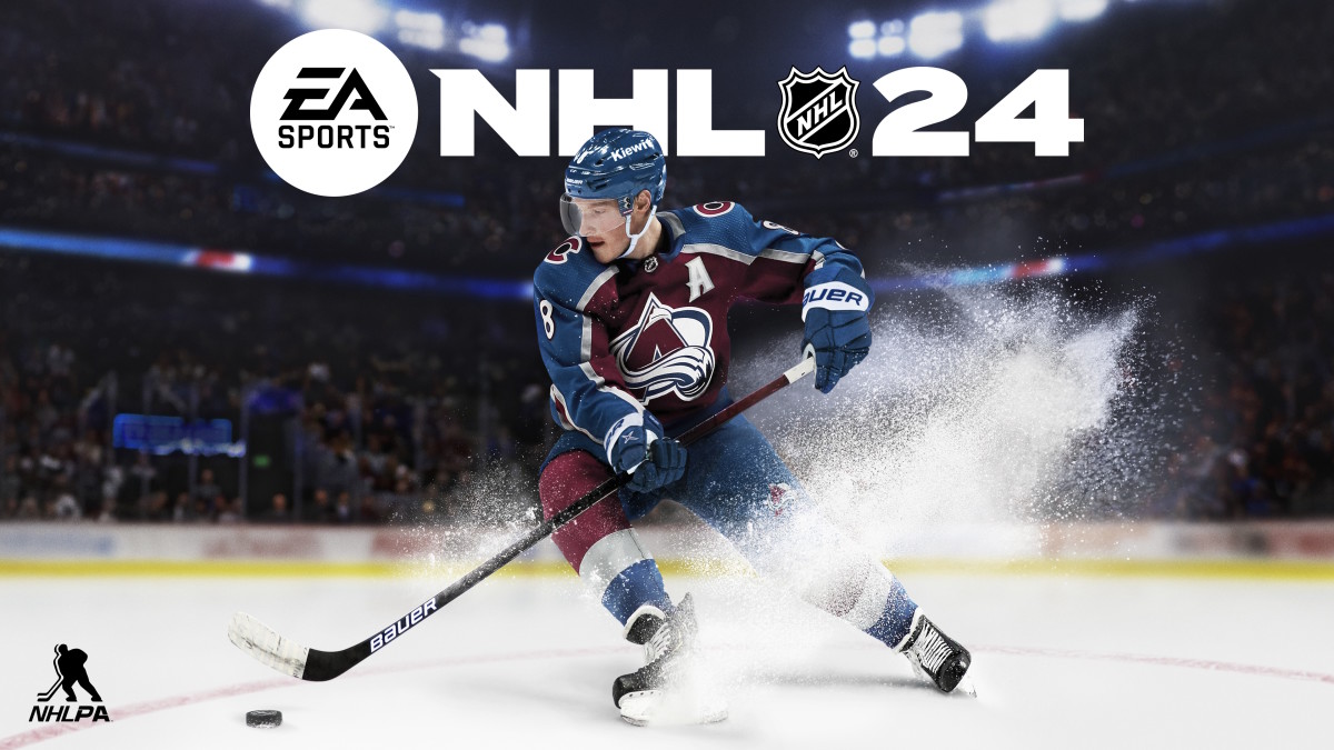 A white man wearing a red and blue hockey uniform is skating down the ice, with the words EA Sports NHL 24 emblazoned at the top of the image