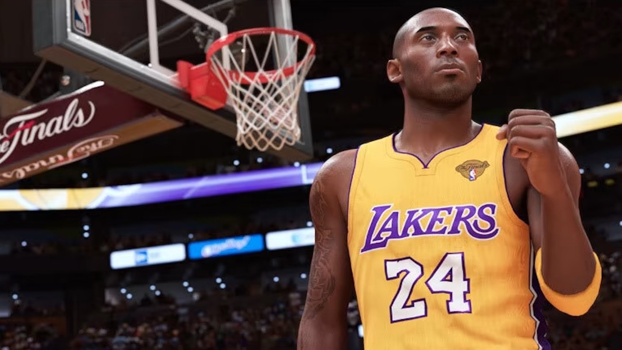A digital representation of Kobe Bryant is standing under a basketball hoop, wearing his signature Lakers 24 jersey