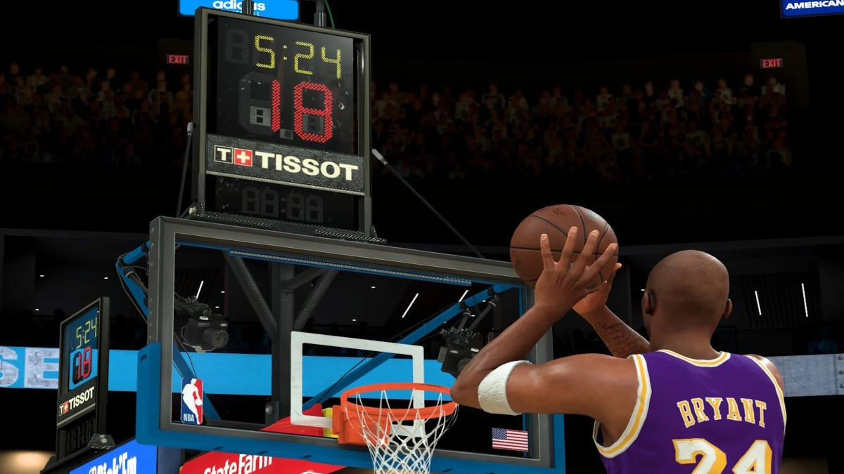 A digital representation of Lakers' star Kobe Bryant is throwing a basketball toward a hoop, wearing a purple Lakers' jersey