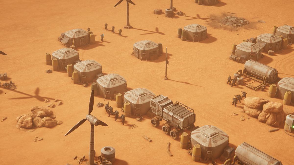Menace screenshot of troops in a desert settlement.