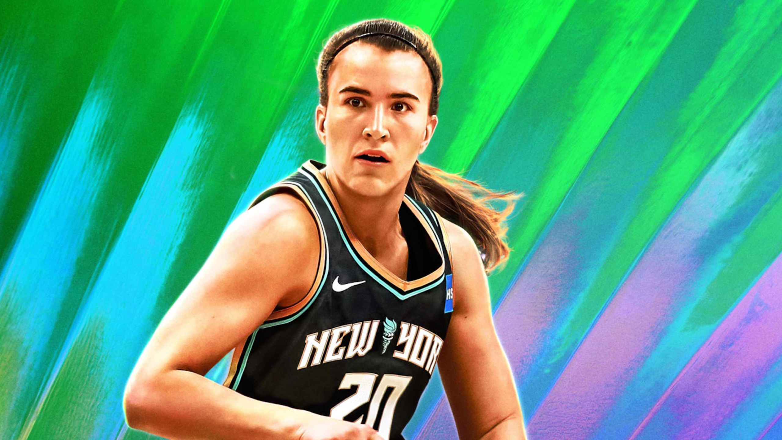 WNBA star Sabrina Ionescu, a white woman with brown hair in a ponytail, is depicted against a green and purple background, wearing a New York #20 jersey