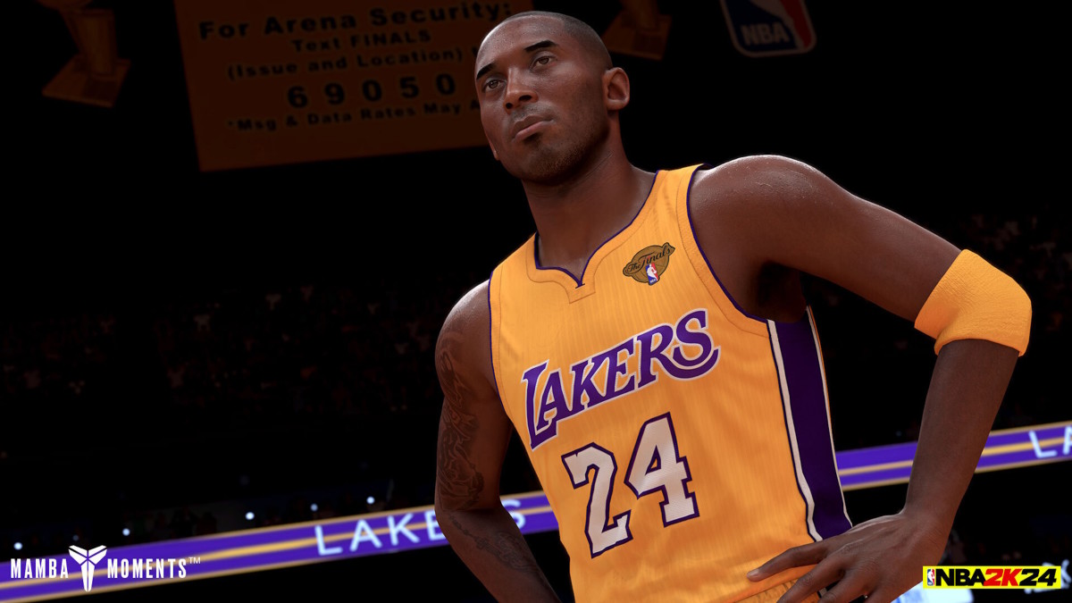 A digital representation of Kobe Bryant, wearing his Lakers 24 jersey, is standing in the middle of a basketball court with a satisfied smile on his face and his hands on his hips.