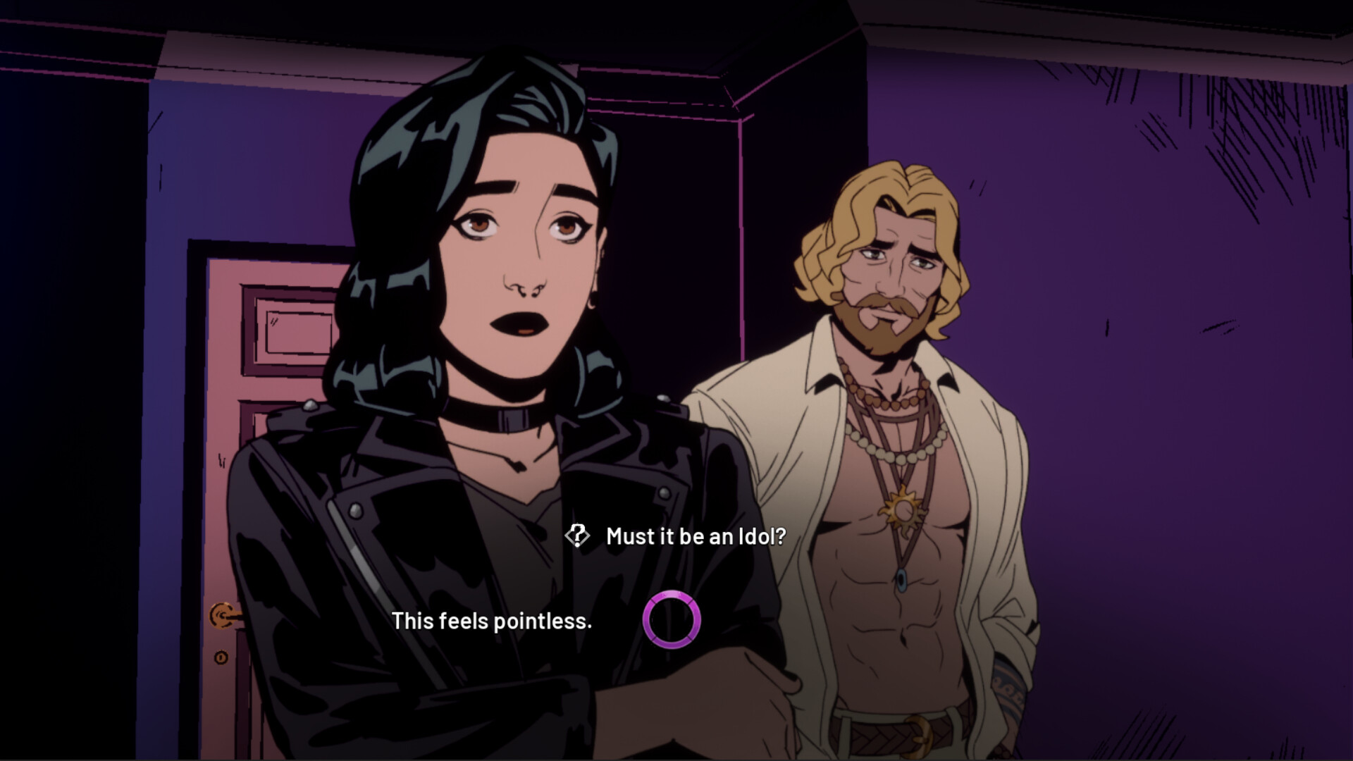 Stray Gods video game screenshot showing a scene with dialogue options