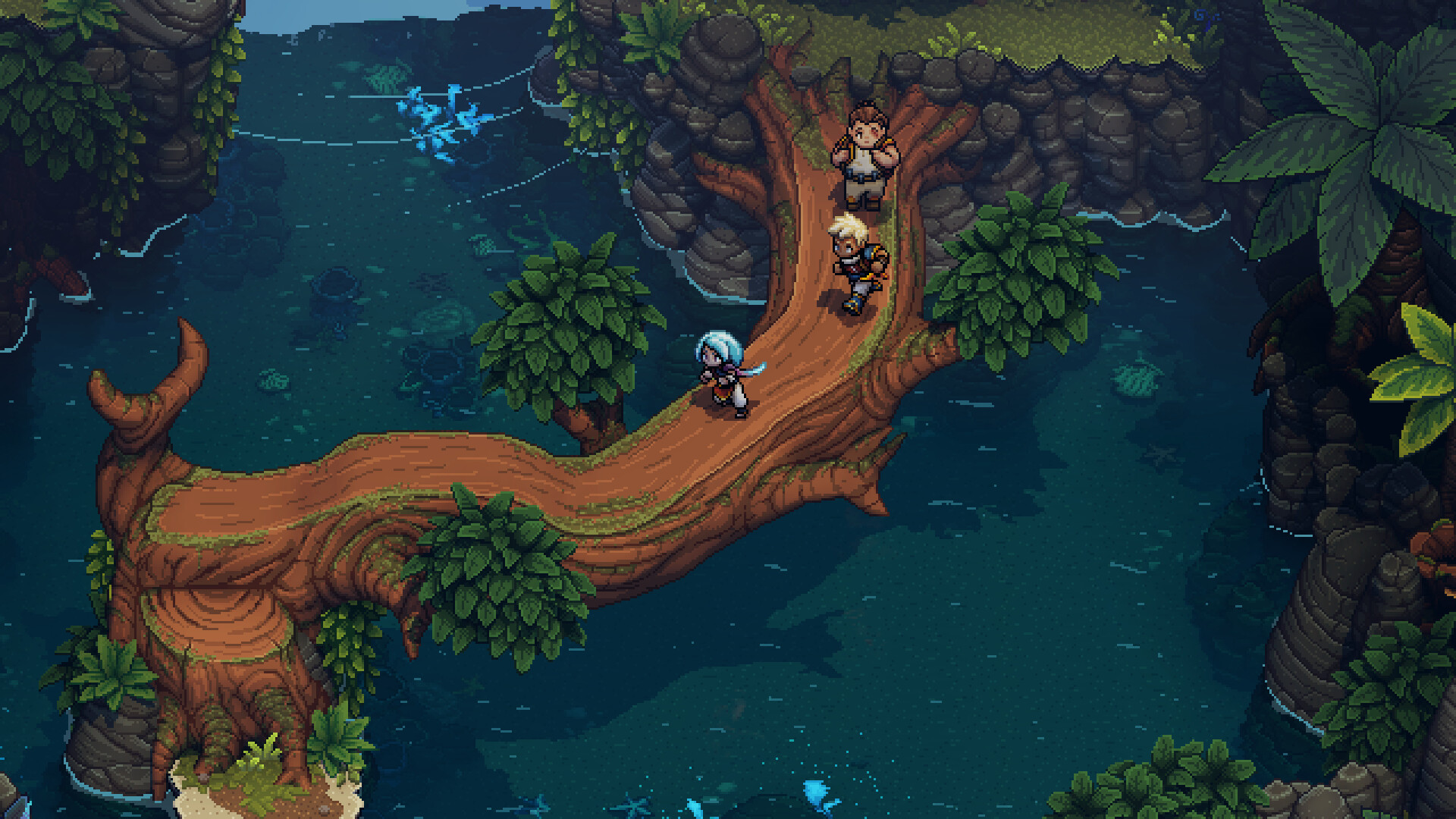 Sea of Stars screenshot showing the player's party walking on a tree bridge