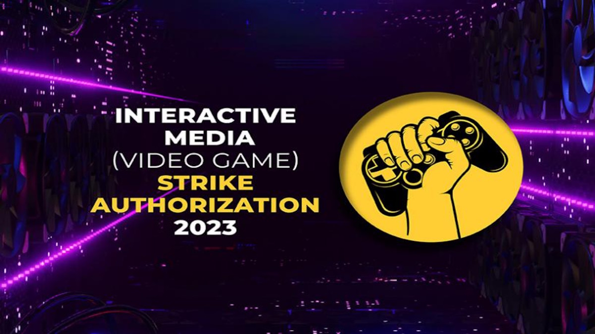 A hand is shown gripping a video game controller in a yellow circle, with the words Interactive Media (Video game) Strike Authorization 2023 to the left