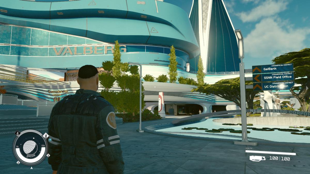 Starfield screenshot showing the Commercial District of New Atlantis, a city on the Jemison planet in the Alpha Centauri system