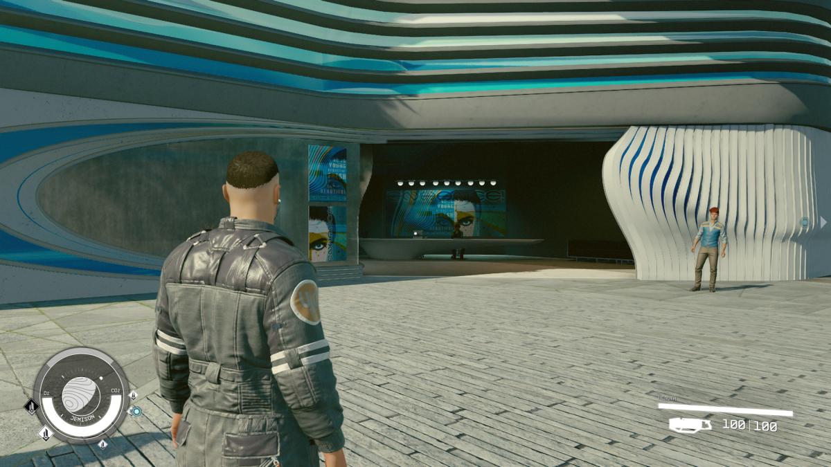 Starfield video game screenshot showing the entrance to the Enhance! Clinic in New Atlantis City on Jemison