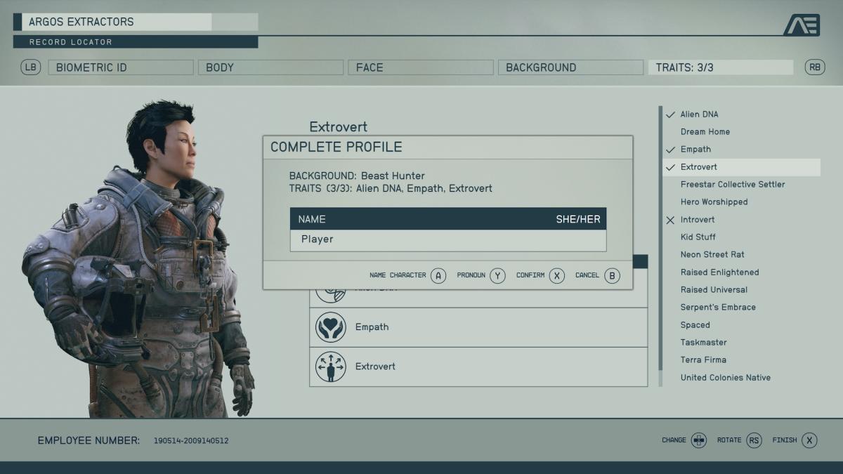 Starfield complete profile prompt during character creation which lets players give their character a name and pronouns