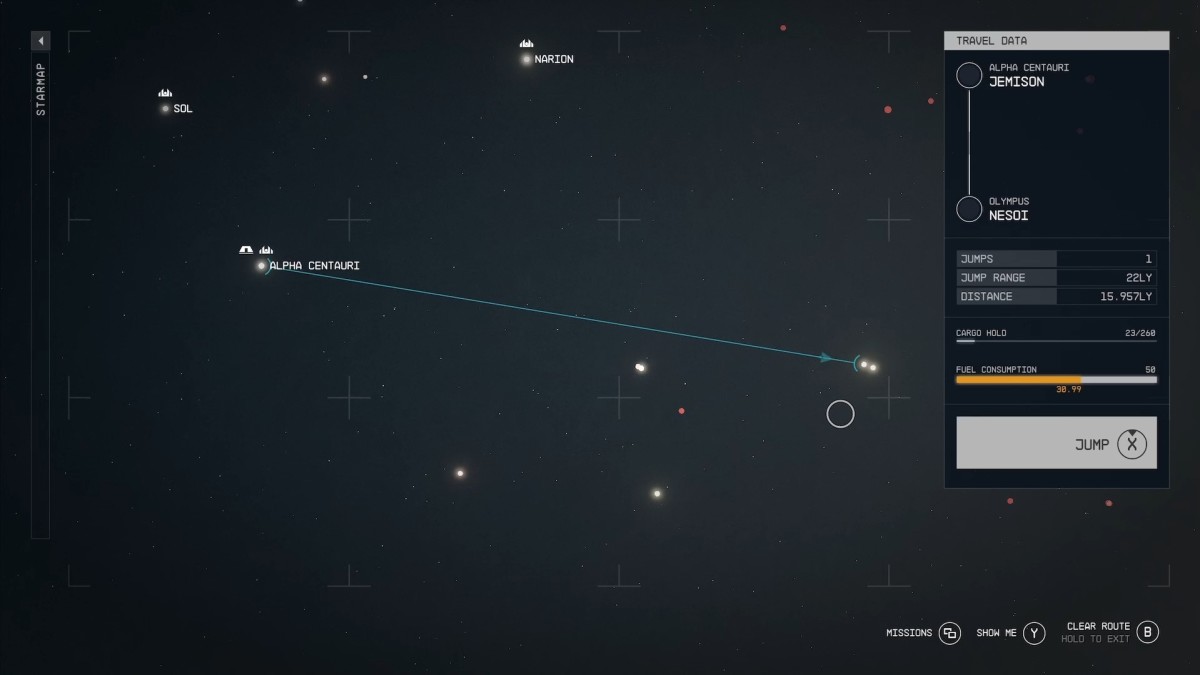 Starfield map showing the route between Alpha Centauri and Olympus