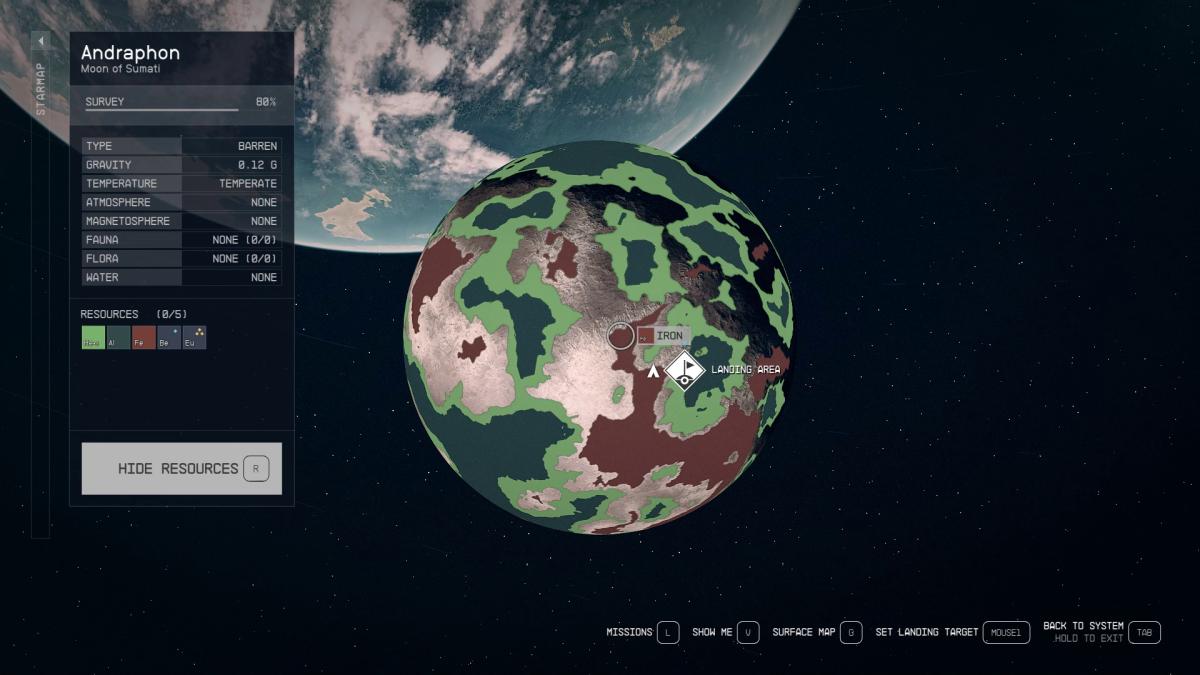 You can check the resources on a scanned planet via Starfield's planet view. 