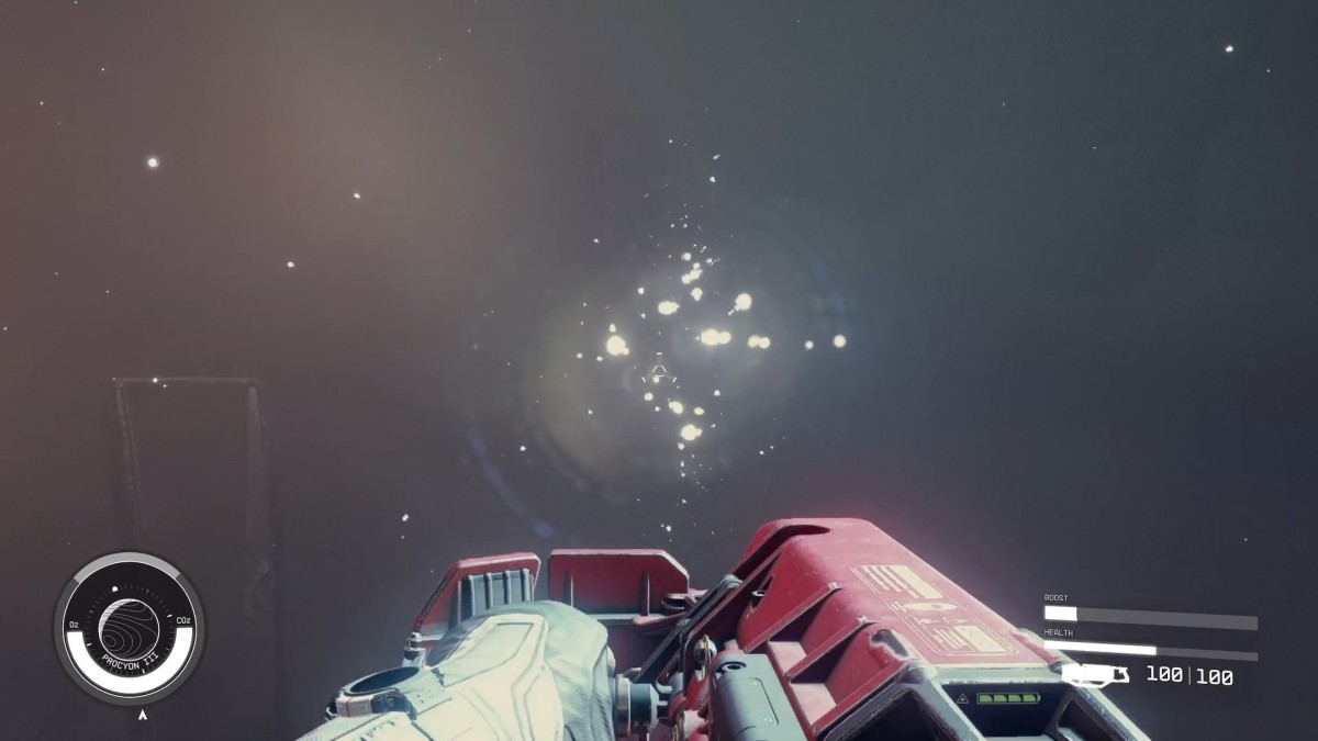 A cluster of lights, as it appears in Starfield's Temple Eta during the Into the Unknown mission