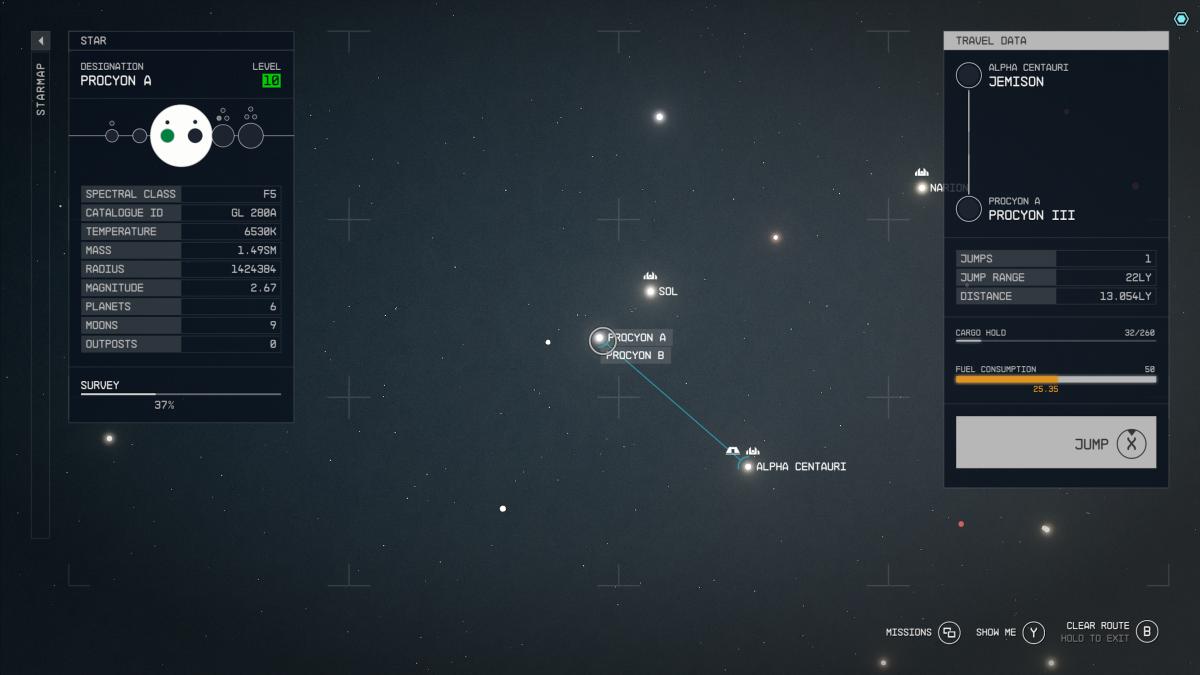 Route map between Alpha Centauri and Procyon A systems in Starfield