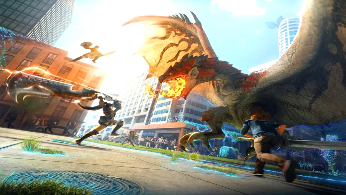A stylized dragon with red and blue scales holds a fireball in its mouth as three humans approach with sharp weapons in the middle of a crowded city square