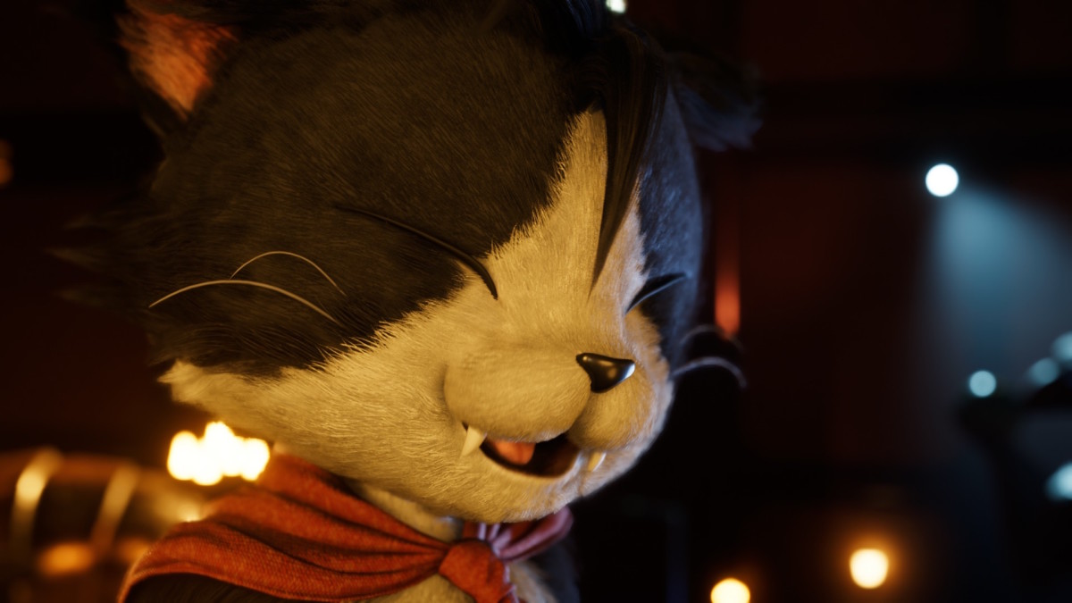 An animated cat with sharp fangs and tuxedo fur is grinning mischievously, illuminated by candlelight